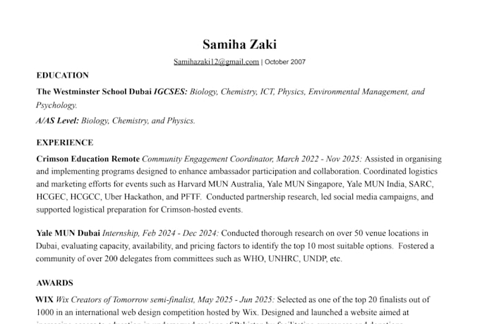 write an ats optimized internship resume for students