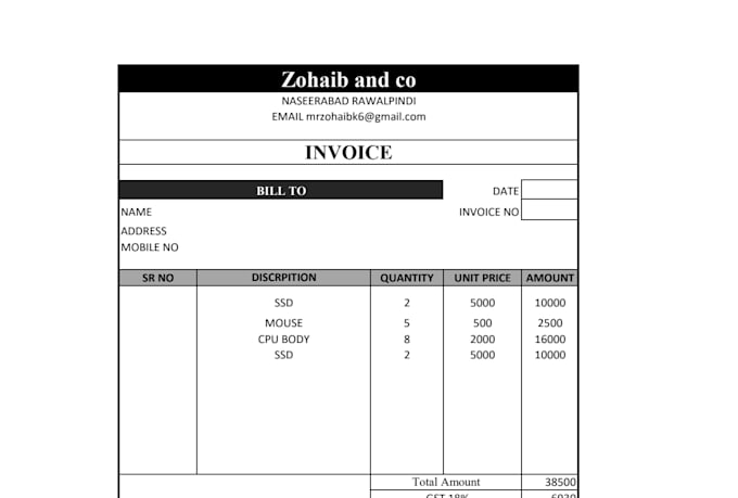 create  auto calculations invoice source file in excel