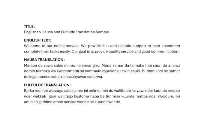 translate your documents from english to hausa and fulfulde