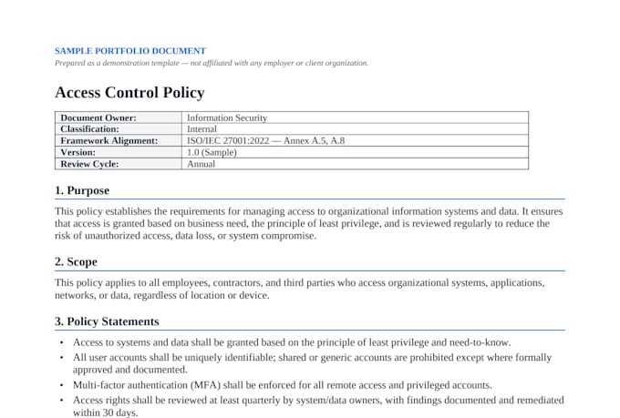 create iso 27001 security policies and risk assessment documents