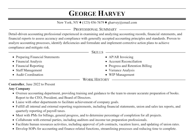 write a professional accounting or finance resume for you