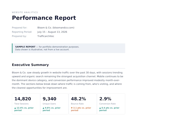 create a professional website analytics report and analysis