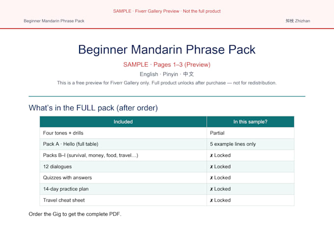 send a beginner mandarin PDF phrase pack