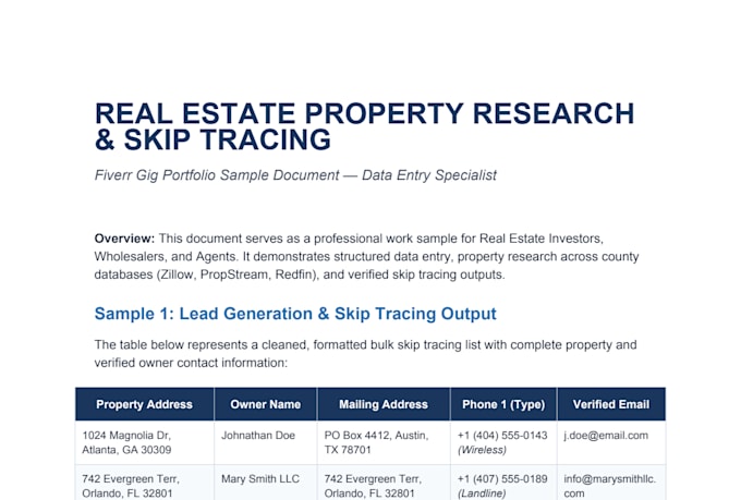 real estate data entry, property research, and skip tracing