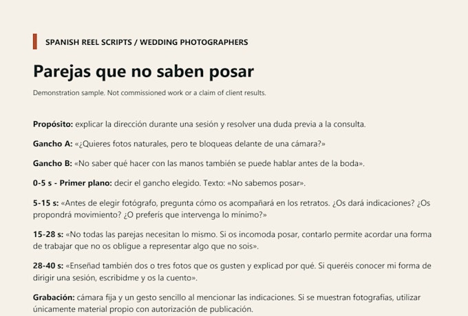 write spanish reel scripts for wedding photographers