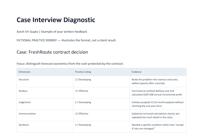 run a mock consulting case interview with written feedback