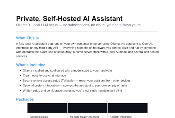 set up a private self hosted ai assistant using ollama and local llm