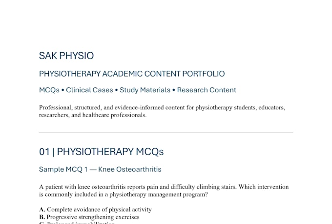create physiotherapy mcqs, clinical cases and educational content