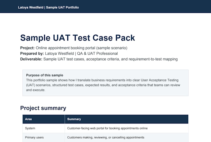 create professional uat test cases and acceptance criteria