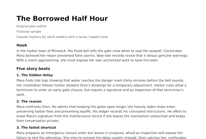 write an original story outline with five plot beats and two characters
