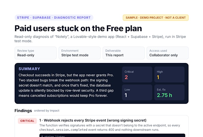 diagnose why your lovable, supabase or stripe app is broken