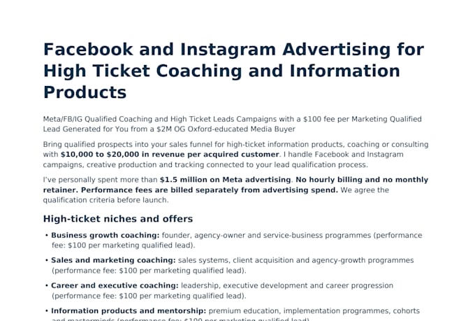 run meta coaching ads with a fee per marketing qualified lead