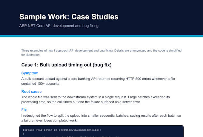 dotnet core API development and bug fixing