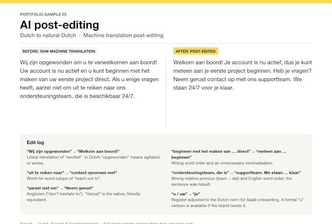 fix and post edit your ai or deepl translation into natural dutch or spanish