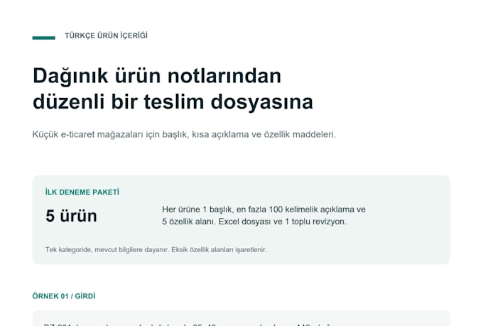 write turkish product descriptions in an organized spreadsheet