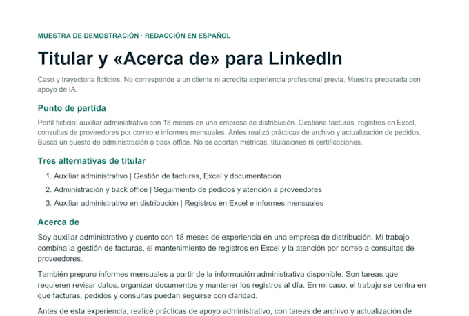 write your linkedin headline and about section in spanish