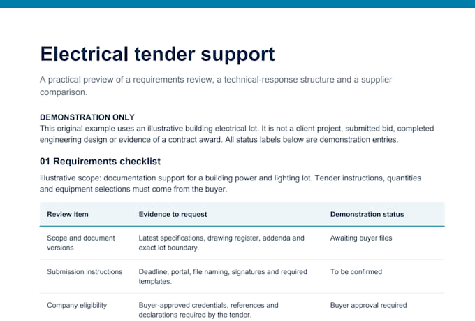 prepare electrical tender documents and technical bid proposals