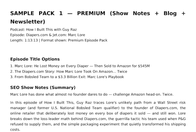 write SEO podcast show notes with timestamps and social posts