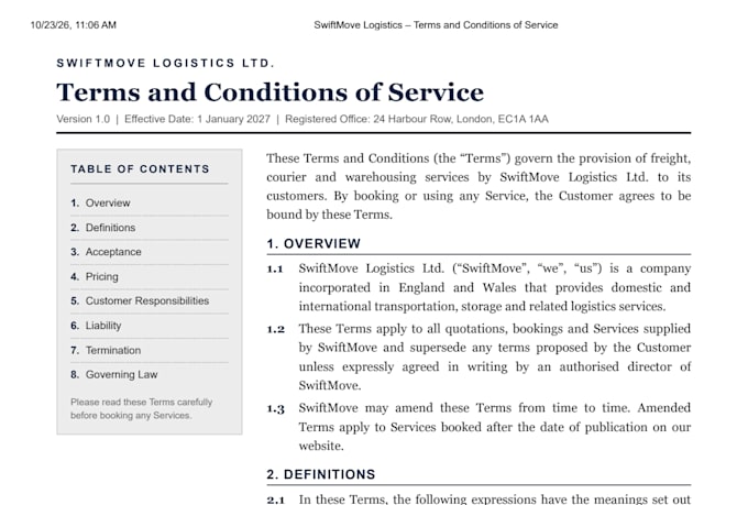 draft terms and conditions, privacy policy and other docs