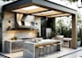provide outdoor kitchen design, patio, bar, BBQ and backyard landscape