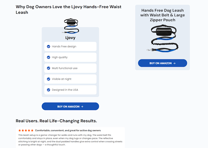Ljovy Hands-Free Dog Leash high conversion landing page built by Fuad M.
