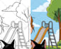 sketch, outline and color cartoon illustrations