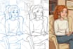 sketch, outline and color cartoon illustrations
