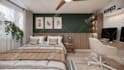 design ikea style interior, bedroom, living room, apartment with shopping list
