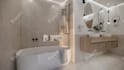 design ikea style interior, bedroom, living room, apartment with shopping list