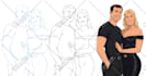 sketch, outline and color cartoon illustrations