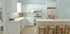 provide 2d and 3d renderings of kitchen with notated plans