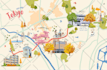 make hand drawn map illustration of cities, fantasy, travel art
