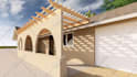 design landscape, backyard, pergola, patio with realistic rendering