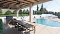 design exterior landscape, garden, backyard, patio terrace, BBQ and pool