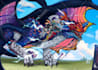 create a monster hunter or dragon illustration and logo