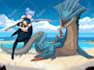 create a monster hunter or dragon illustration and logo