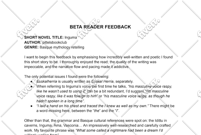 beta read and feedback your novel or short story