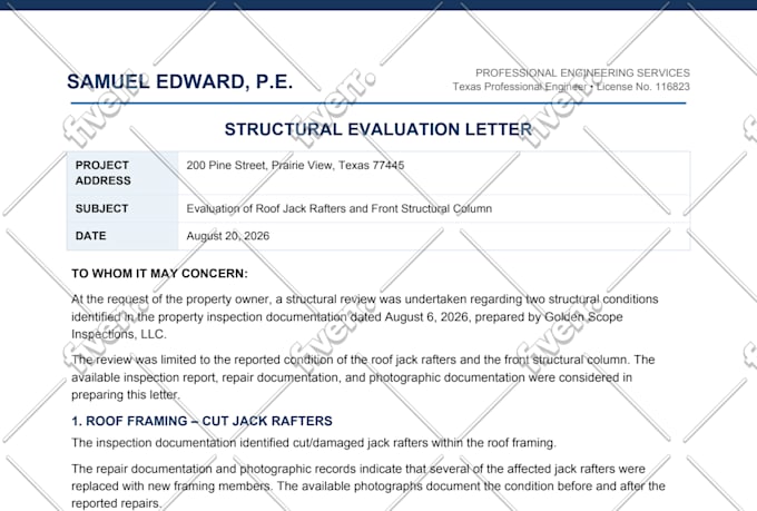 prepare structural certification and code compliance engineering letters