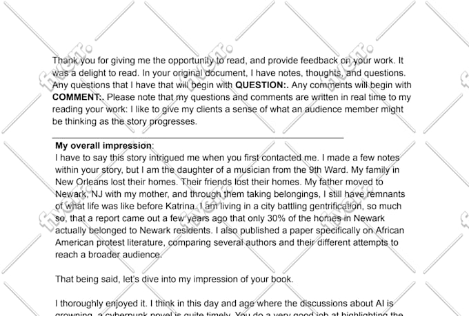 beta read your novel, play, screenplay, and give feedback