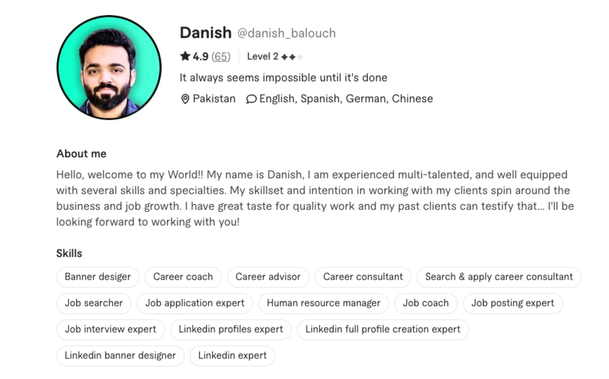 Fiverr Seller Danish Balouch profile