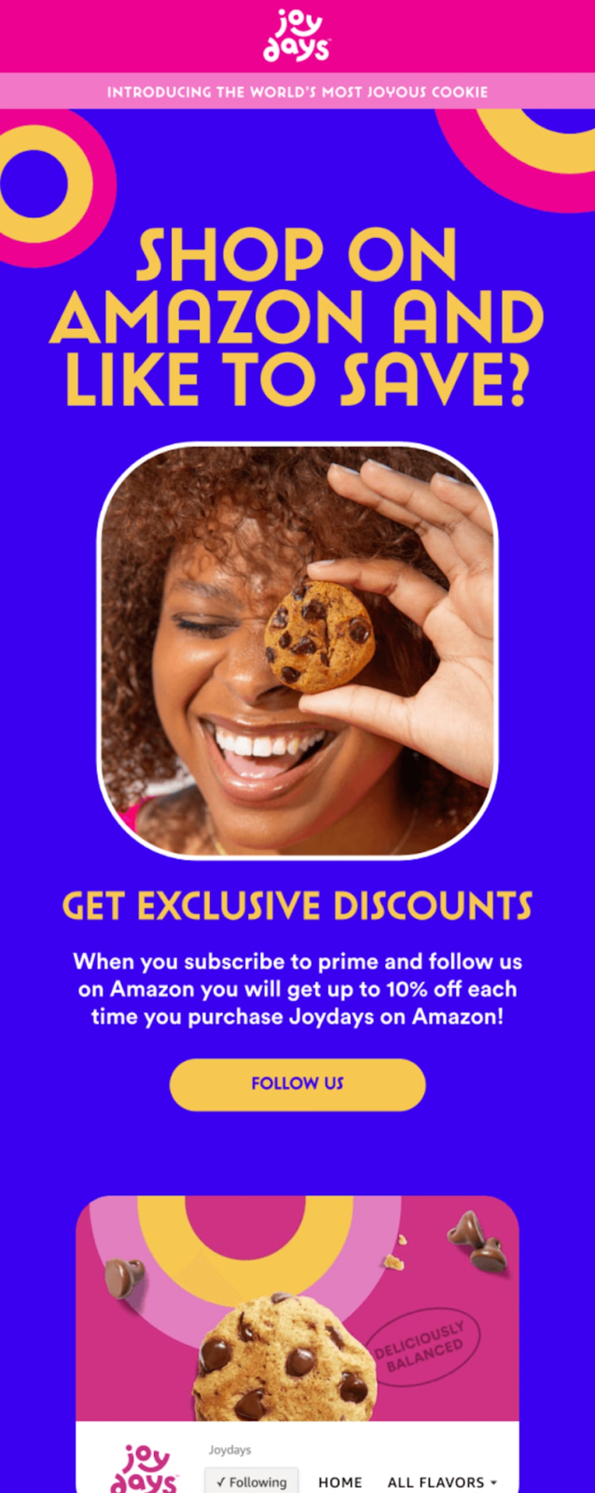 Joydays Amazon email woman smiling and holding a cookie in front of her eye