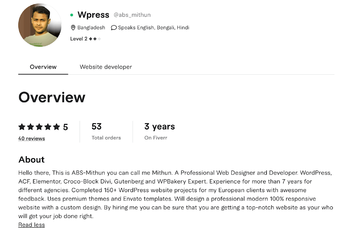Wpress Fiverr seller profile