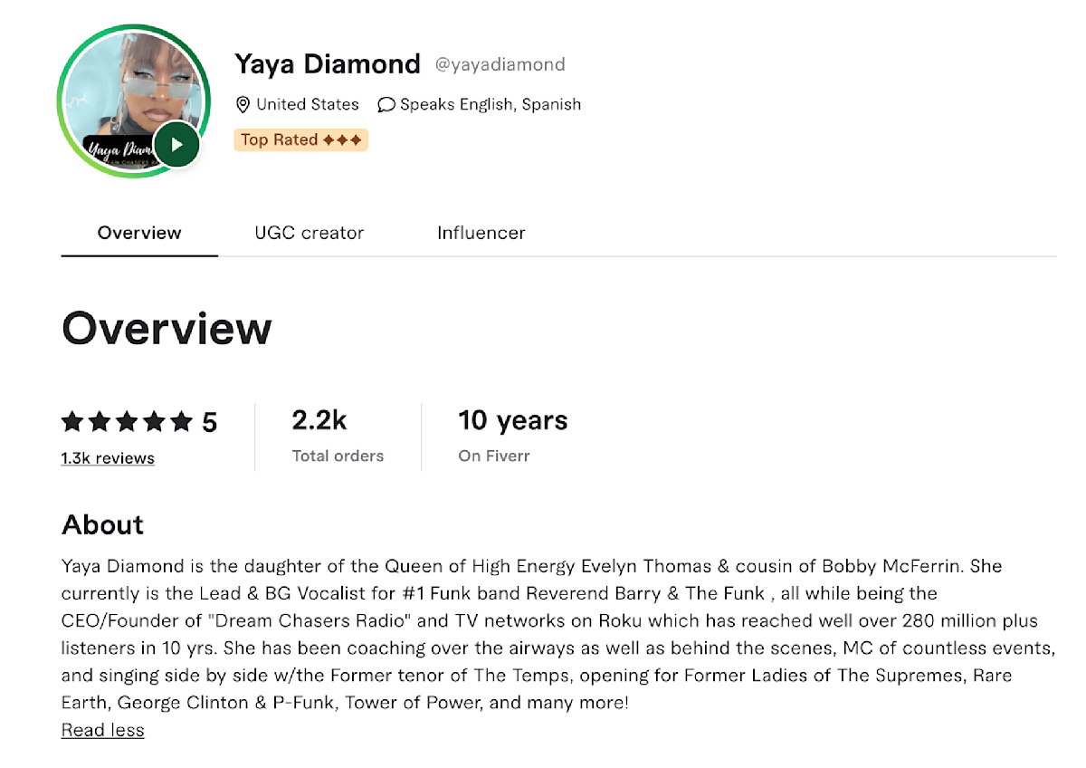 Yaya Diamond Fiverr seller profile