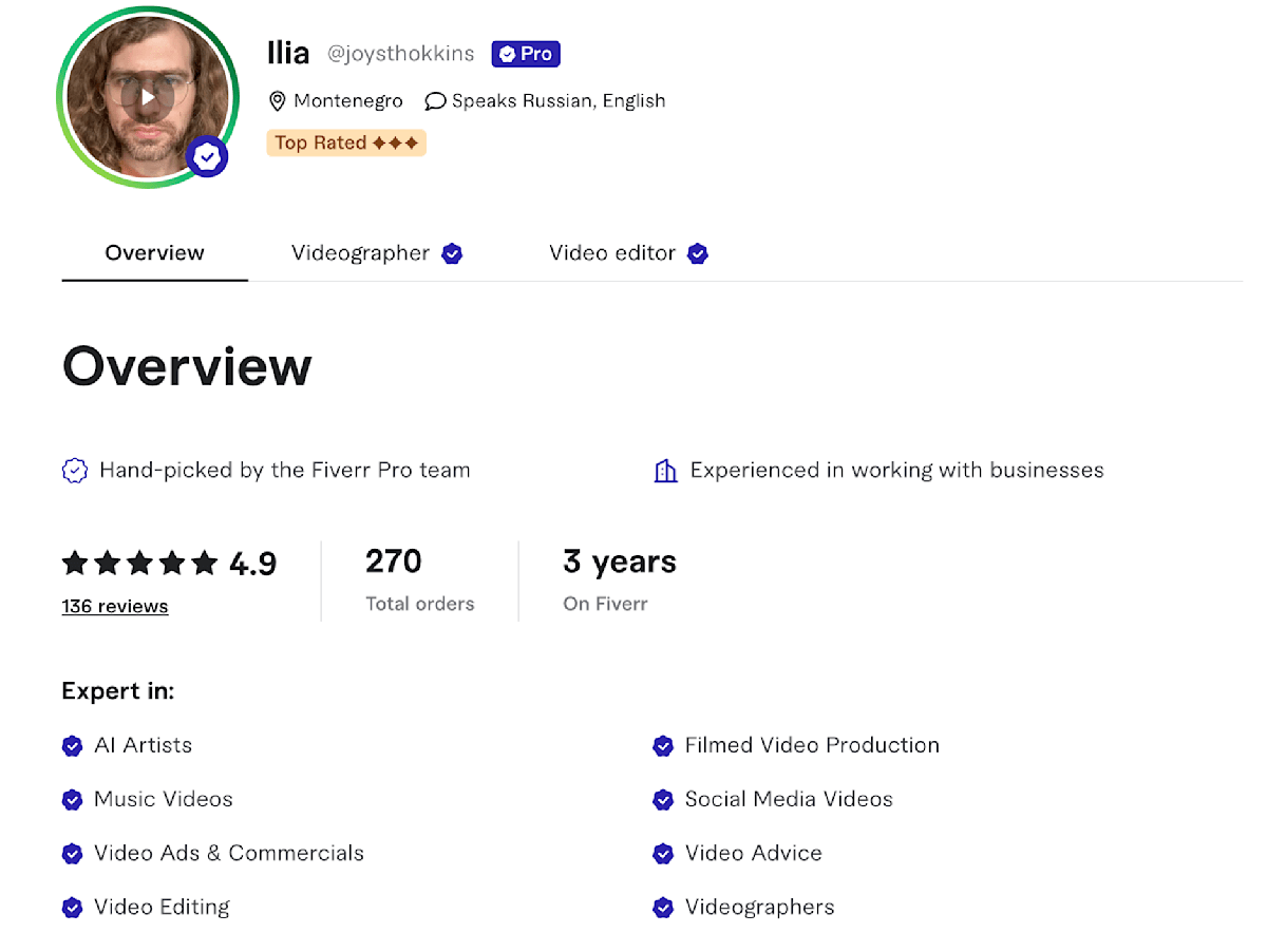 Ilia Fiverr seller profile