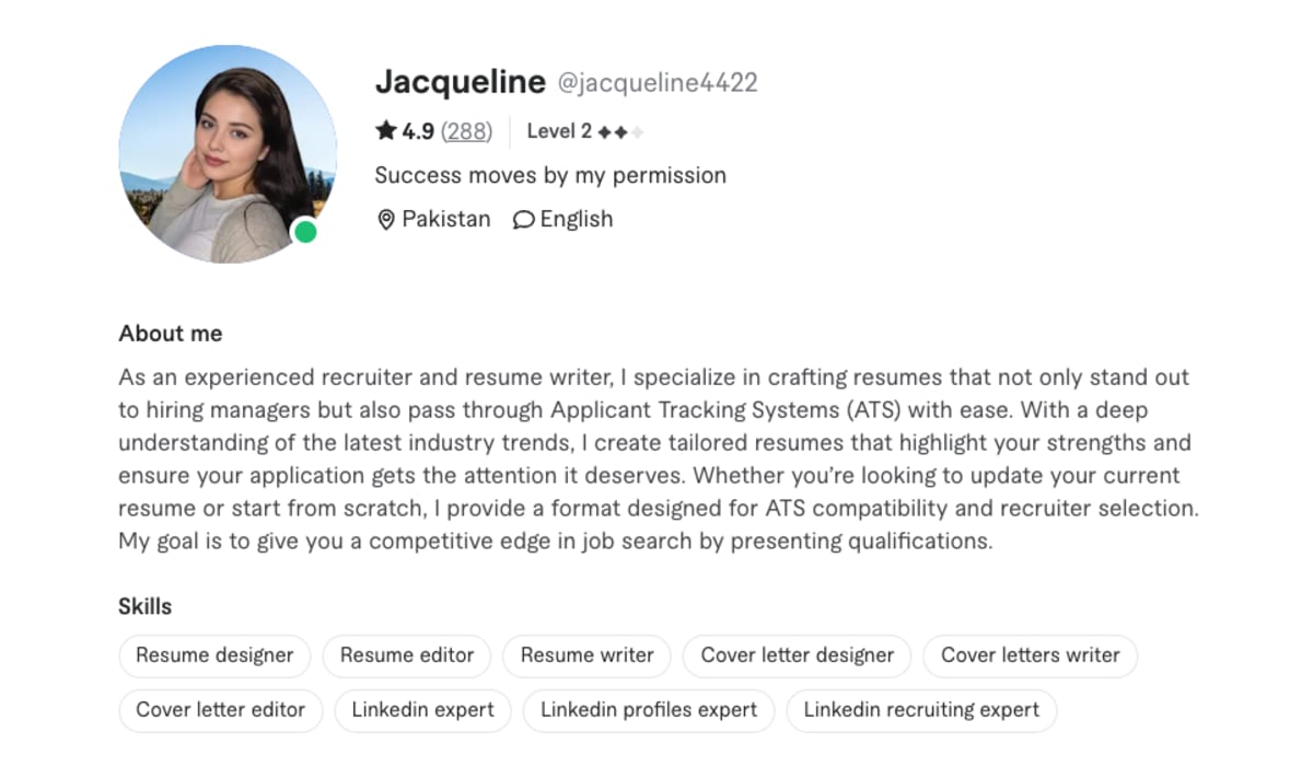 Fiverr Seller Jacqueline profile