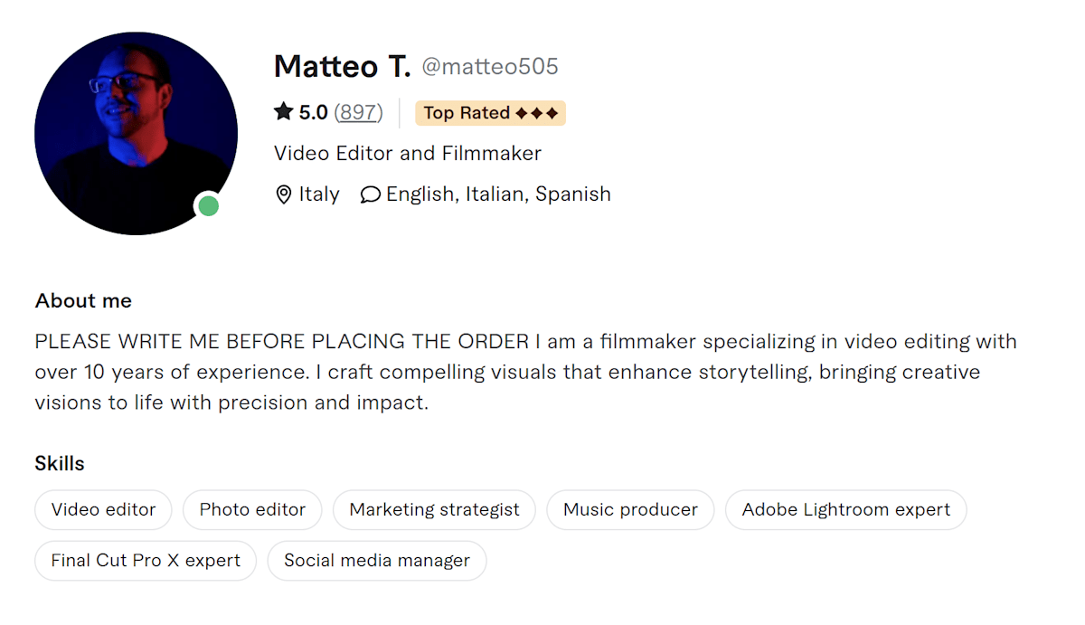 Matteo T Fiverr profile