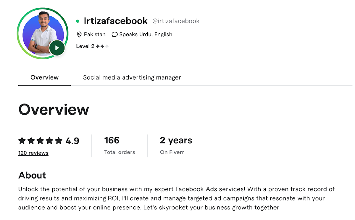 Irtizafacebook Fiverr seller profile