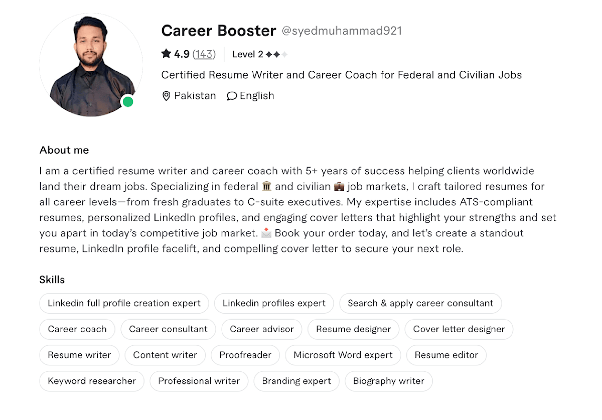 Career Booster Fiverr seller profile
