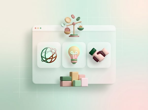 3D illustration of a dashboard with a balance scale, globe network, light bulb, and handshake icons