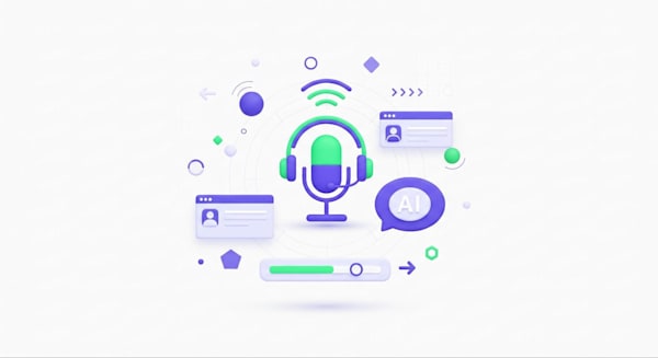 3D illustration of a microphone with headset, profile cards, AI speech bubble, and abstract icons